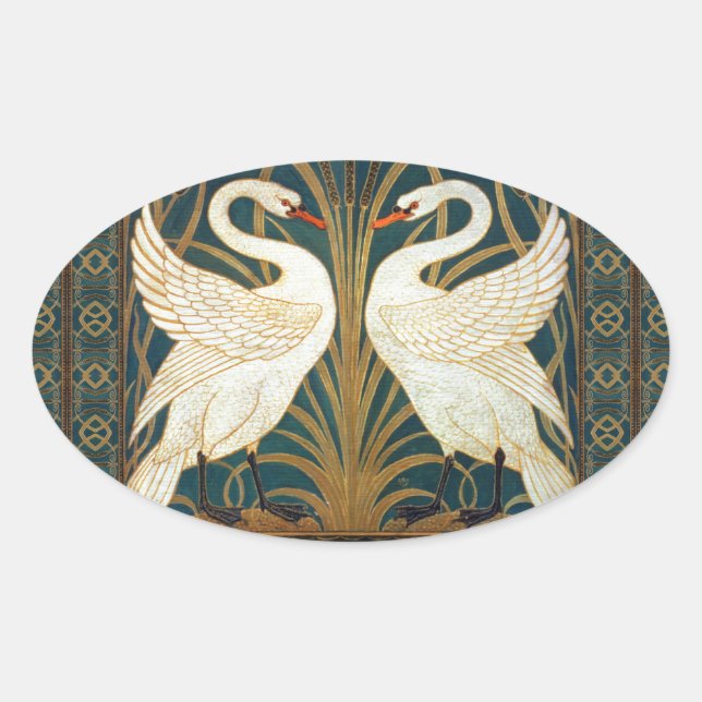 Pegatina Ovalada Walter Crane Swan, Rush E Iris Art Nouveau (Anverso)