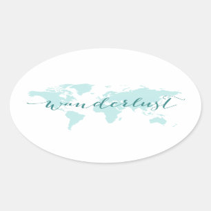 Pegatina Ovalada Wanderlust, deseo de viajar, mapa del mundo verde