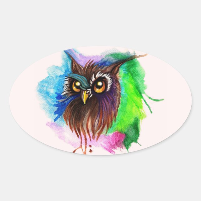Pegatina Ovalada Watery Wood Owl (Anverso)