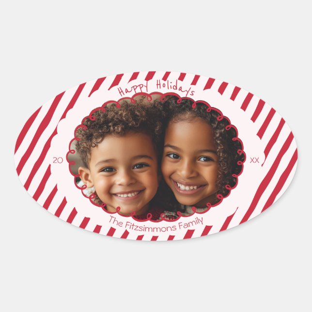 Pegatina Ovalada  Whimsical Candy Cane Stripe Holiday Photo (Anverso)