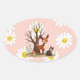 Pegatina Ovalada Whimsical Deer & Hedgehog Sticker