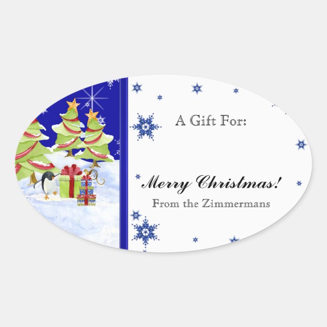 Pegatina Ovalada Winter Whimsy cute bebés pingüinos en estrella de  (Anverso)