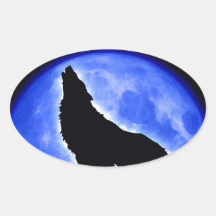 Pegatina Ovalada Wolf Howling en la Luna
