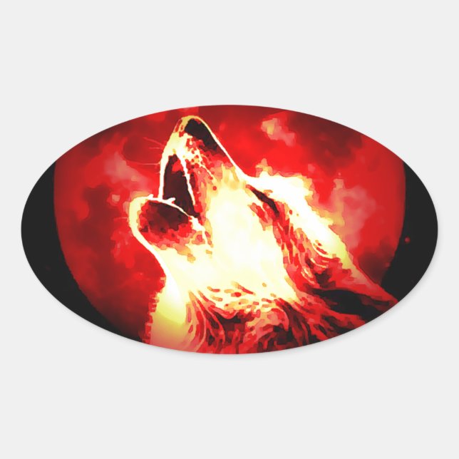 Pegatina Ovalada Wolf, Moon & Red Sky (Anverso)