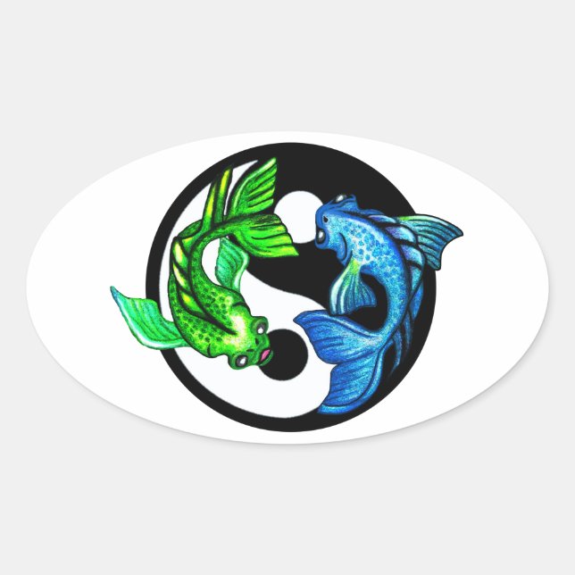 Pegatina Ovalada Yin-Yang Koi Design (Anverso)