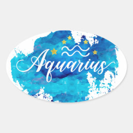 Pegatina Ovalada Zodiac Aquarius Blue Watercolor Gold Stars