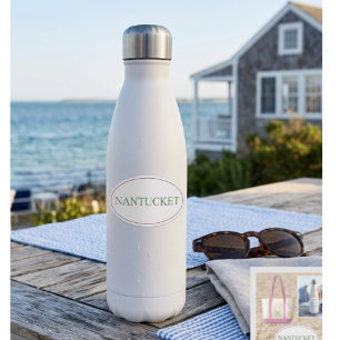 Pegatina Óvalo Rosa y Verde de Nantucket Estilo Costero E