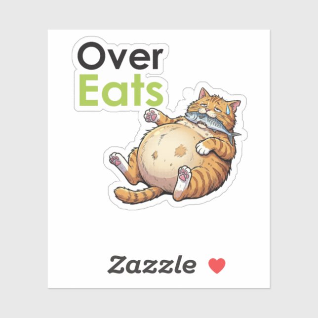 Pegatina Over Eats - Funny Fat Cat Eating Fish Cartoon (Hoja)