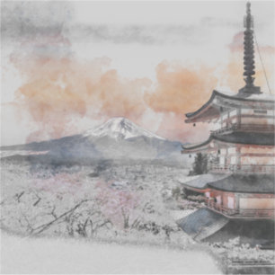 Pegatina Pagoda Japonesa Acuarela & Mt. Fuji 