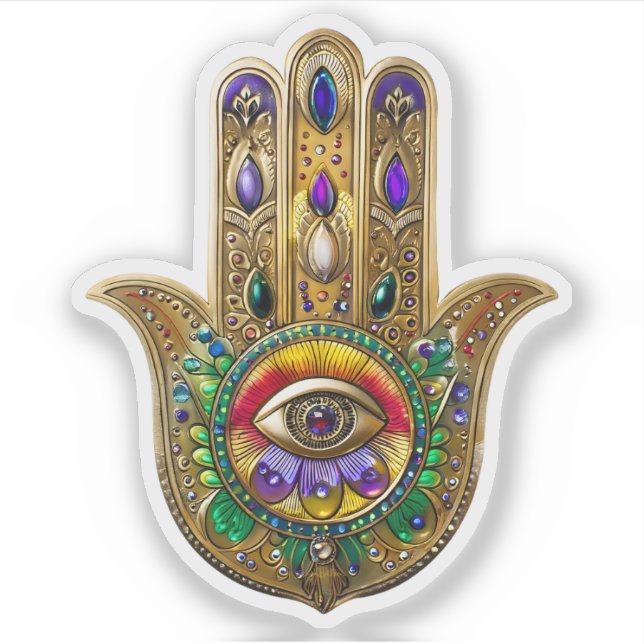 Pegatina Painted Gold Hamsa Amethyst Ruby Third Eye (Anverso)