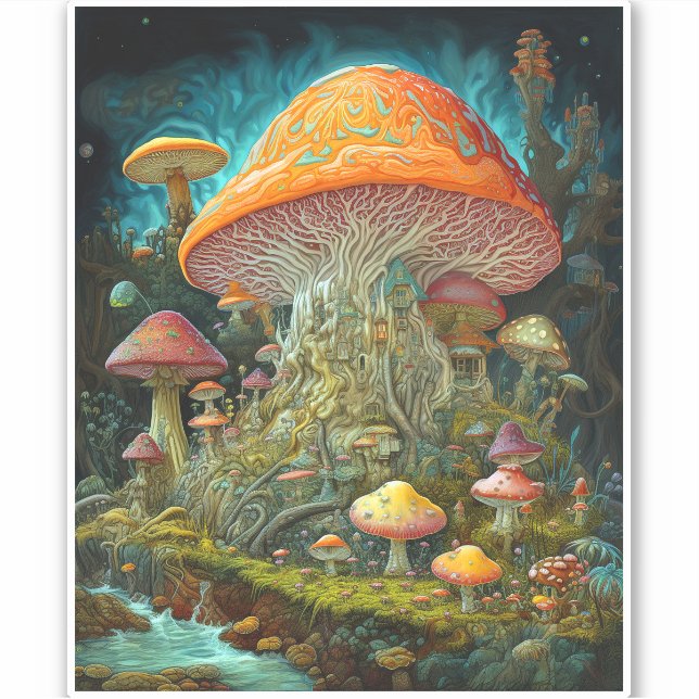 Pegatina Paisaje de hongos Surreal Fantasía Arte (Anverso)