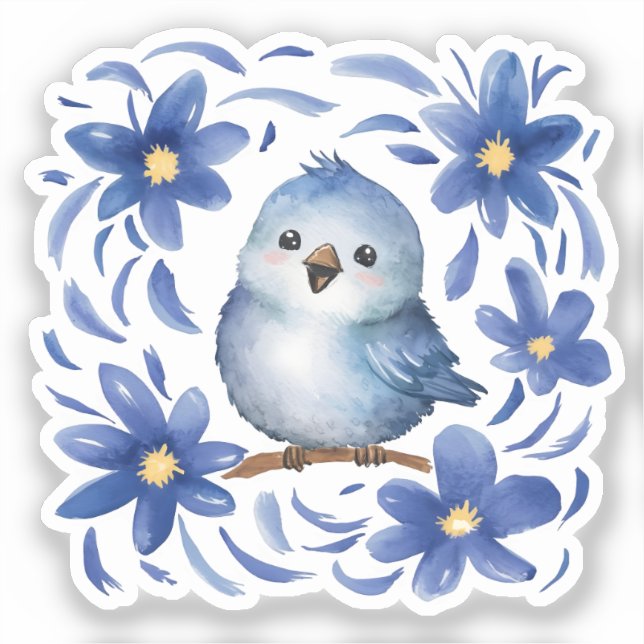 Pegatina Pájaro azul con flores (Anverso)