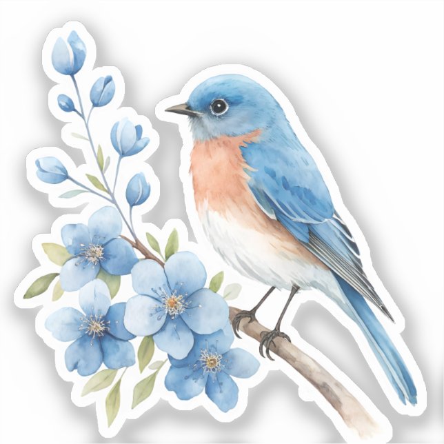 Pegatina Pájaro azul con flores azules (Anverso)