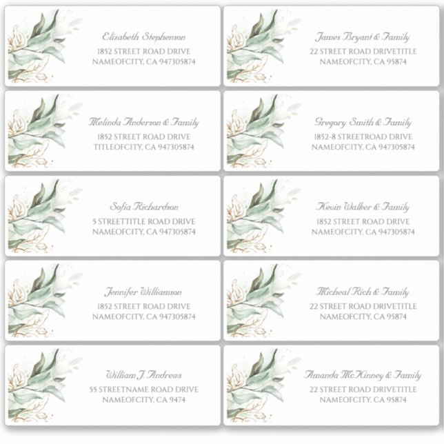Pegatina Palabras de oro Leaves verdes Nombres de invitados (Anverso)