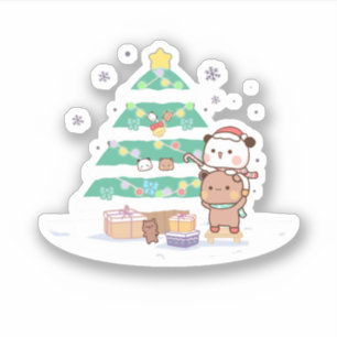 Pegatina Panda Y Brownie Bear Pareja, Feliz Navidad