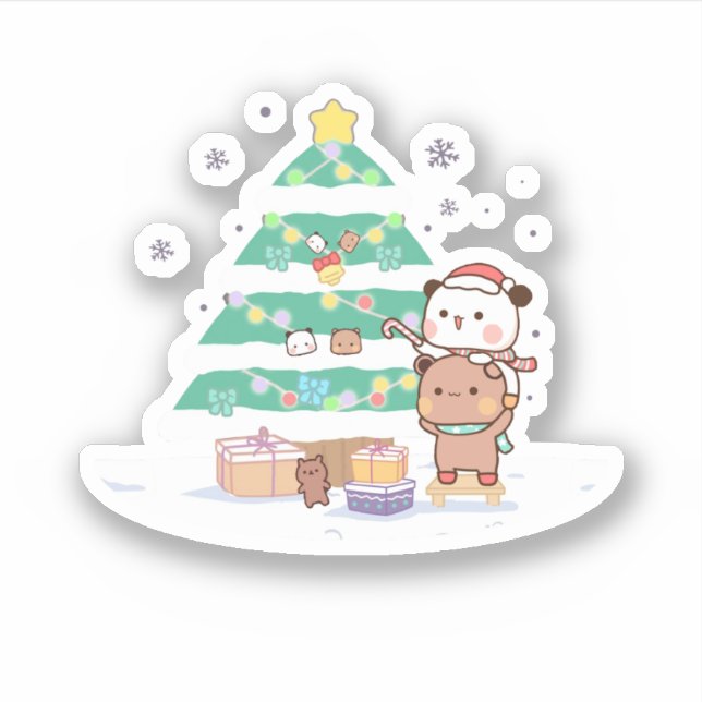 Pegatina Panda Y Brownie Bear Pareja, Feliz Navidad (Anverso)