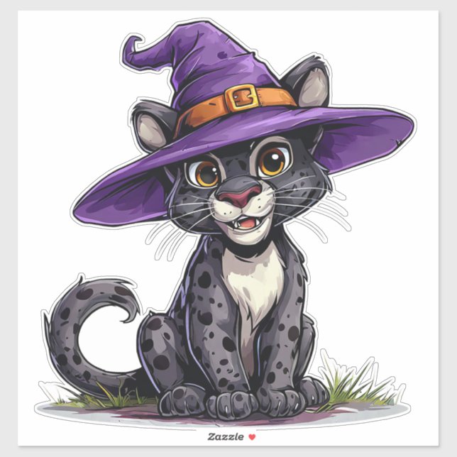 Pegatina Pantera Adorable con Sombrero de Bruja (Hoja)