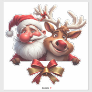 Pegatina Papá Noel de dibujos animados festivos y renos