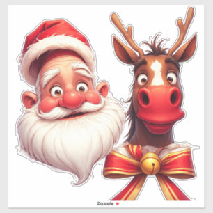 Pegatina Papá Noel de dibujos animados festivos y renos