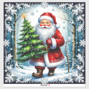 Pegatina Papá Noel festivo sosteniendo un árbol de Navidad