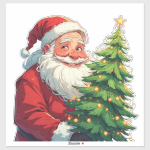 Pegatina Papá Noel festivo sosteniendo un árbol de Navidad