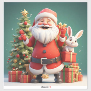 Pegatina Papá Noel sosteniendo un regalo con conejos