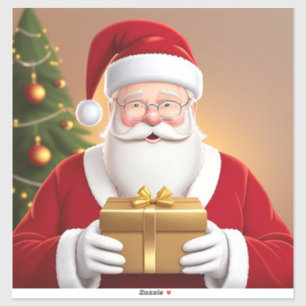 Pegatina Papá Noel sosteniendo una caja de regalo junto al