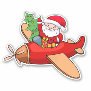 Pegatina Papá Noel vuela en un avión rojo con regalos