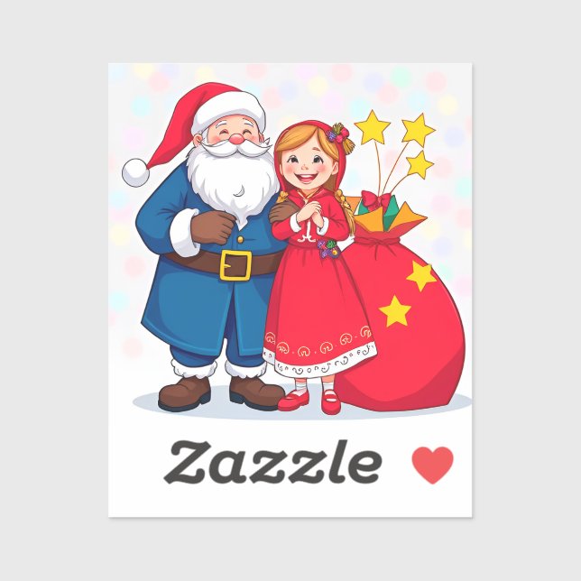 Pegatina Papá Noel y niña con una bolsa de regalos (Hoja)