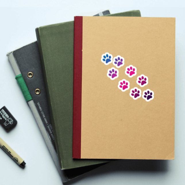 Pegatina Papel de gato Imprimir rosa azul púrpura (A fun die cut sticker of pink, blue and purple cat paw prints)