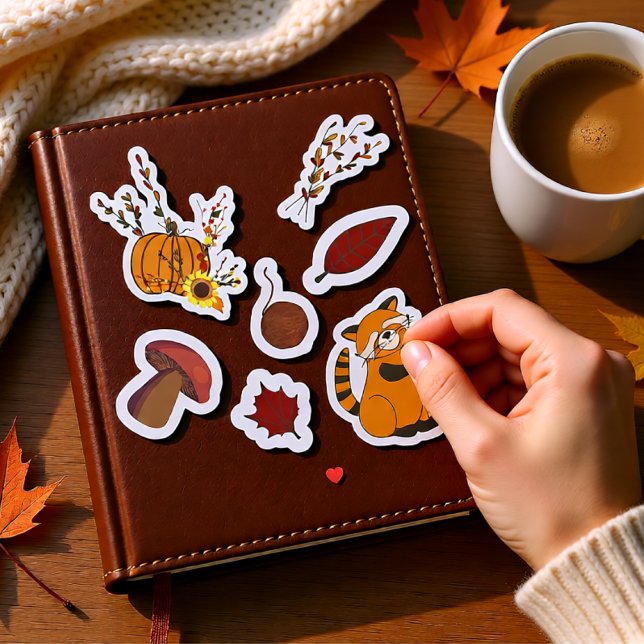 Pegatina Paquete Ambiente de Otoño 2 (Cozy Autumn Forest with Pumpkin, Raccoon & Leaves Sticker)