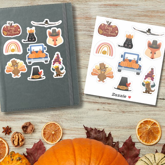 Pegatina Paquete de Acción de Gracias 1 con 9 diseños - peg (Thanksgiving Pumpkins, Turkey, Pilgrim Hat & Fall Sticker)