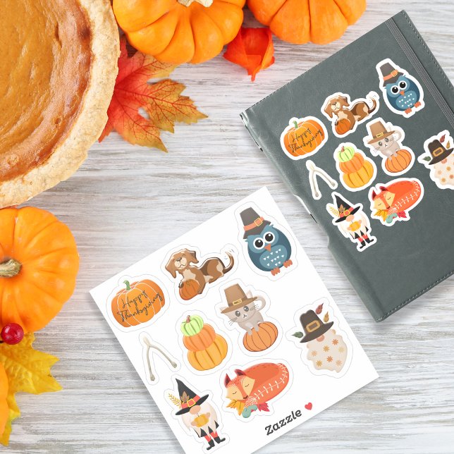 Pegatina Paquete de Acción de Gracias 2 con 9 diseños - peg (Cute Thanksgiving Fall Animals, Pumpkins & Holiday Sticker)