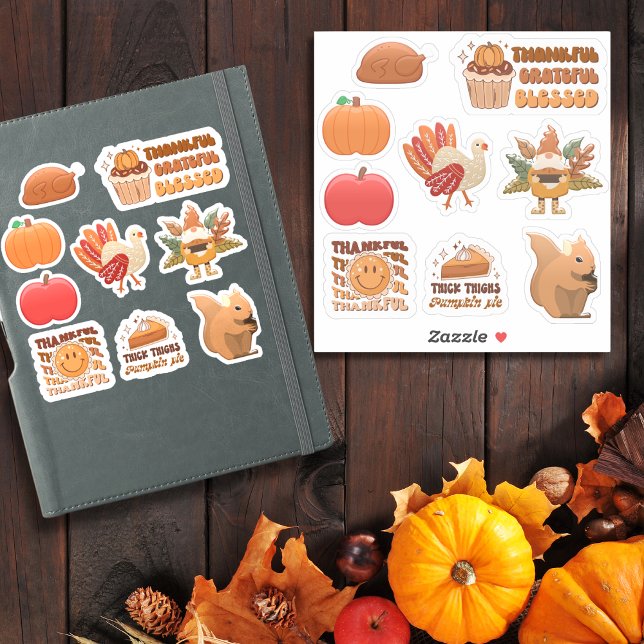 Pegatina Paquete de Acción de Gracias 3 con 9 diseños - peg (Thanksgiving – Turkey, Pumpkins, Pie & Fall Quotes Sticker)