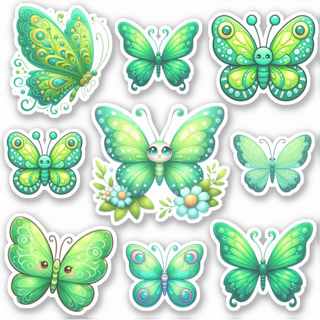 Pegatina paquete de mariposas verdes vibrantes (Anverso)