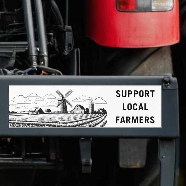 Pegatina Para Coche Apoyo a los agricultores locales cultivadores de p (A bumper sticker with 'Support Local Farmers' slogan, with line art picture of farmland and windmill)