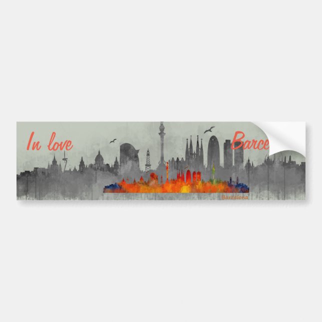 Pegatina Para Coche Barcelona Skyline watercolor in love (Frente)