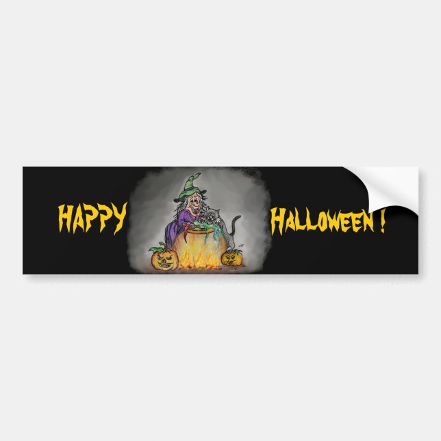 Pegatina Para Coche Bruja y gato, ¡Feliz Halloween! (Frente)