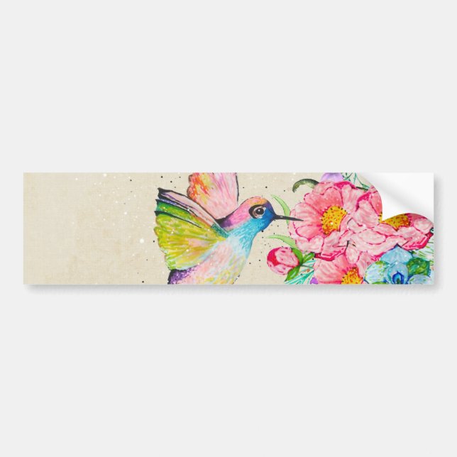 Pegatina Para Coche Colibrí acuarela capilar y flores (Frente)