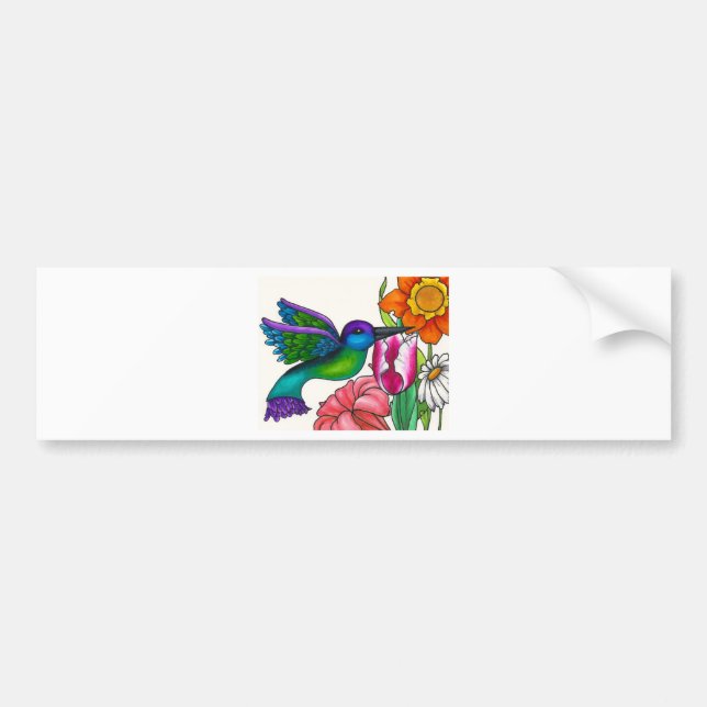 Pegatina Para Coche Colibrí verde azulado y púrpura con las flores (Frente)