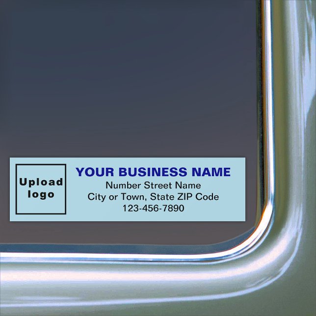 Pegatina Para Coche Dirección comercial y número de teléfono en azul c (Your business name, logo, address and phone number on light blue bumper sticker.)