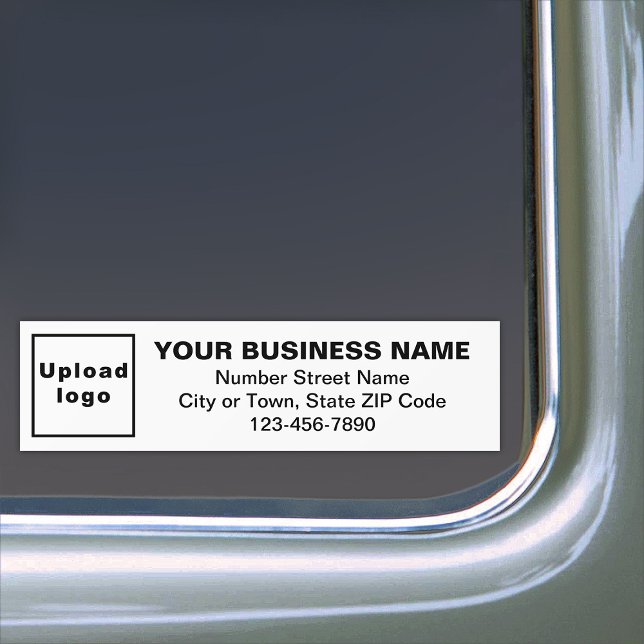 Pegatina Para Coche Dirección comercial y número de teléfono en blanco (Your business name, logo, address and phone number on white bumper sticker.)