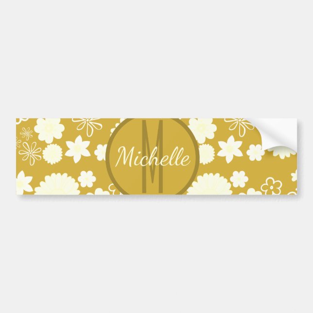 PEGATINA PARA COCHE ELEGANT GOLD FLORAL PATTERN CREAM FLOWERS MONOGRAM (Frente)
