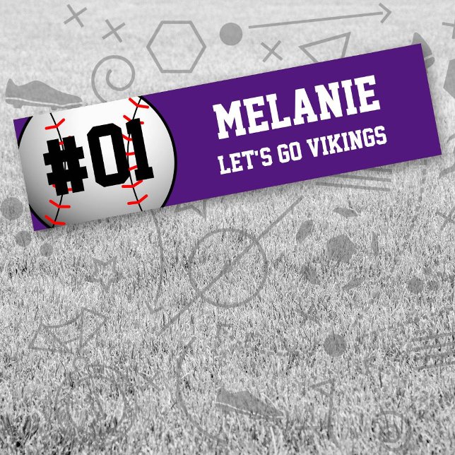 Pegatina Para Coche Equipo de béisbol blanco morado (Purple and White Baseball Let's Go Team Bumper Sticker. Celebrate your high school/college athlete.)