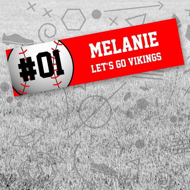 Pegatina Para Coche Equipo de béisbol rojo blanco (Red and White Baseball Let's Go Team Bumper Sticker. Celebrate your high school or college athlete.)