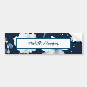 Pegatina Para Coche Estilo Retro Elegante Flores Azules Blancas Llanas