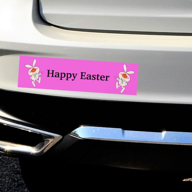Pegatina Para Coche Feliz Conejo de Baile de Pascua (Cute white rabbits orange noses thumbs up sign on vibrant pink Happy Easter bumper sticker.)
