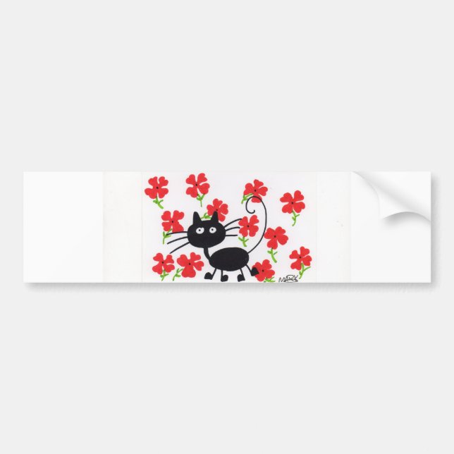 Pegatina Para Coche Gato negro del dibujo animado y flores rojas (Frente)