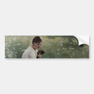 Pegatina Para Coche Girl with Cats in a Summer Landscape (Kittens)
