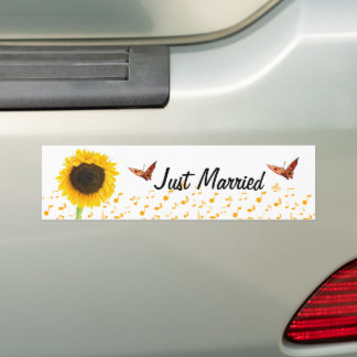 Pegatina Para Coche Just Married Sunflower Butterfly BumperSticker